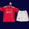 Nottingham Forest Red Home Kids kits 2526A - KFCool – Football Jerseys & Soccer Kits Store Nottingham Forest Red Home Kids Kits 25/26 front with mini crest and youth-friendly design.