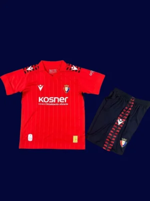 Osasuna Home Kids Kits 25/26 front view with mini crest and youth fit.