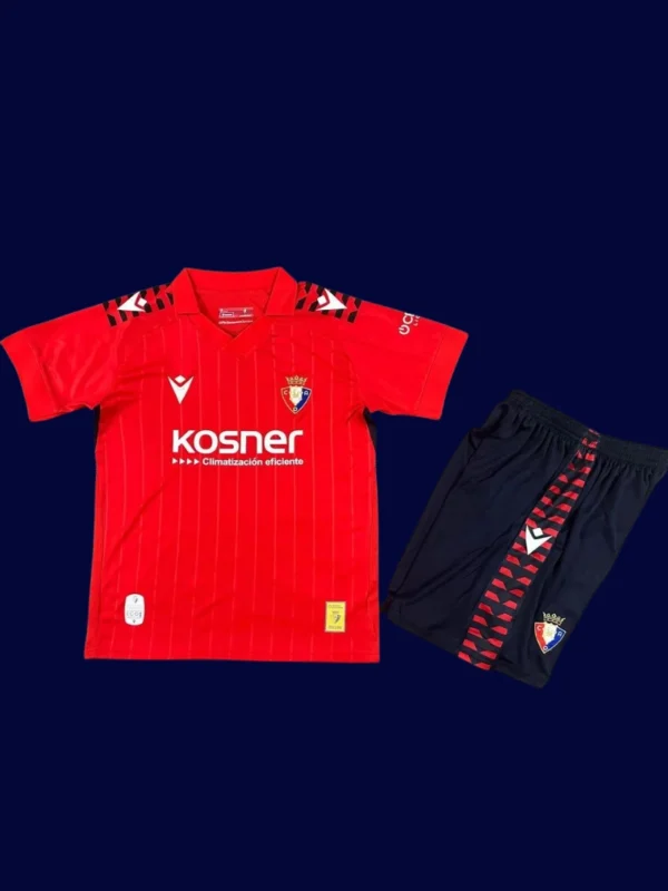 Osasuna Home Kids Kits 25/26 front view with mini crest and youth fit.