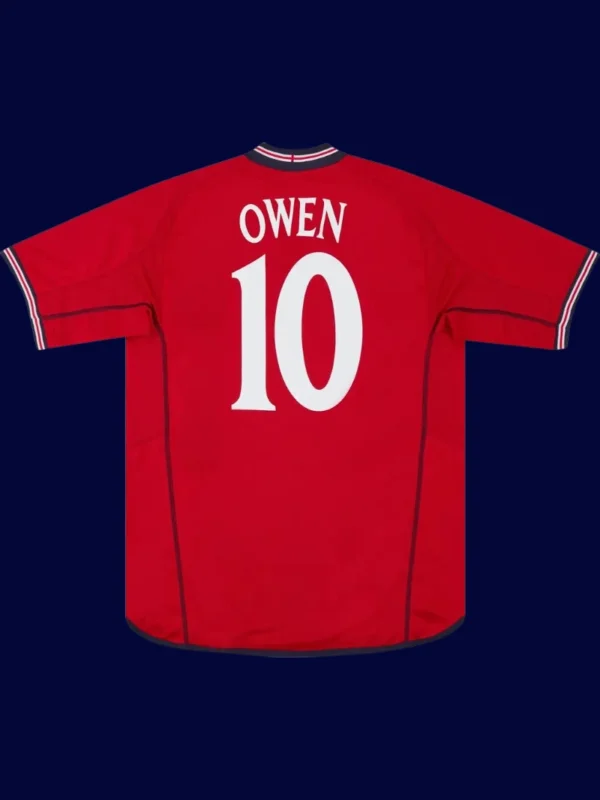 Owen England away red retro shirt back 02/04 with #10, high-quality breathable design.