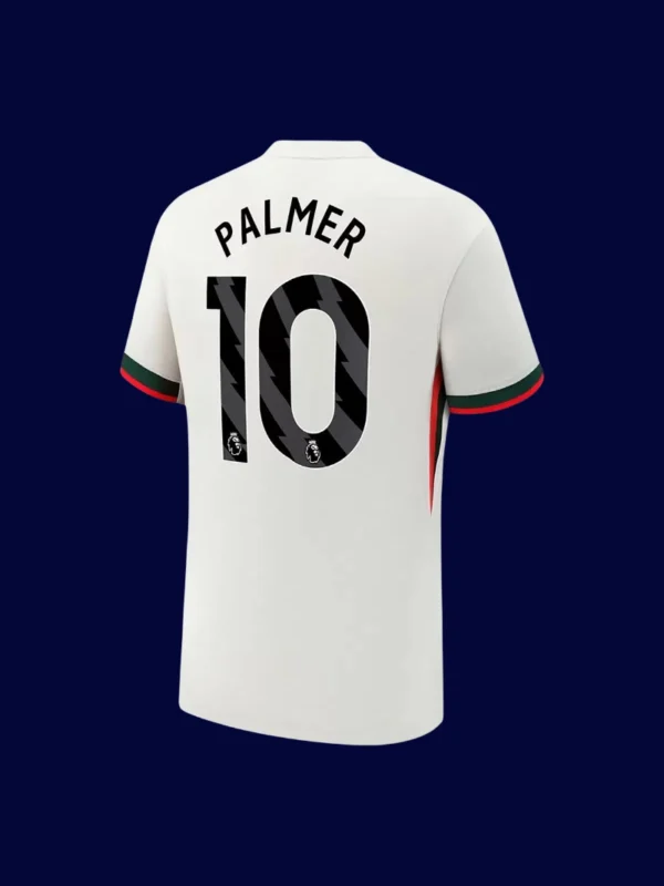 Palmer Chelsea away white jersey back 25/26 with #10, high-quality breathable design.