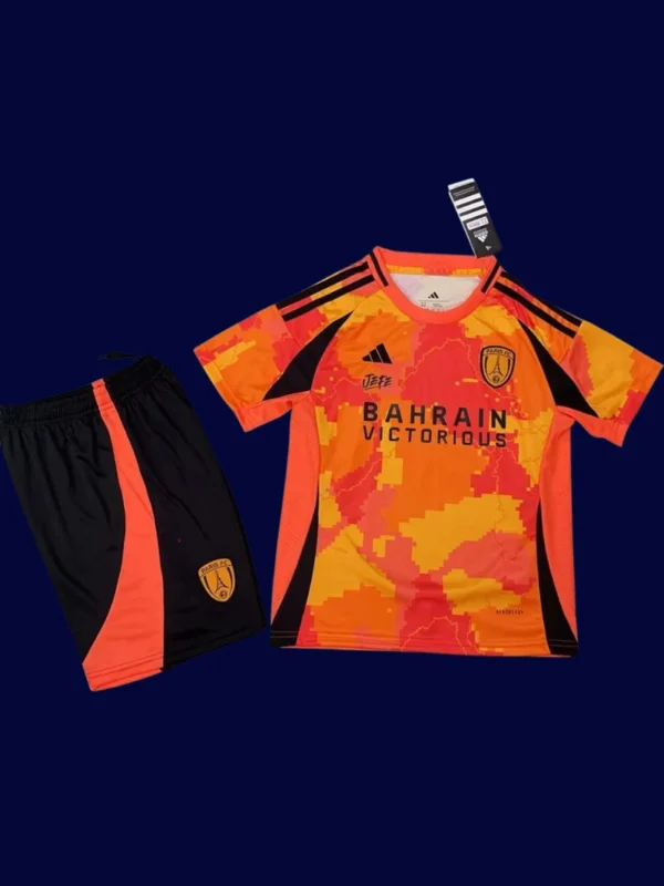 Paris FC Third Orange Kids kits 25/26 front lightweight breathable junior football shirt