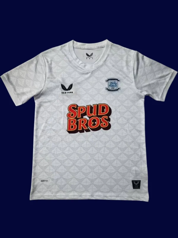 Preston North End Home Jersey 25/26 Fans Version front with classic white-and-blue design and crest.