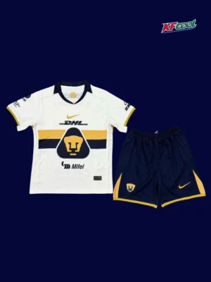 Pumas UNAM home white kids kits 25/26 front white navy design