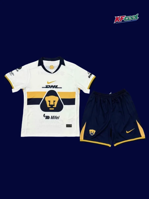 Pumas UNAM home white kids kits 25/26 front white navy design