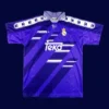front view of blue away retro football jersey (94/96) with vintage stripes and relaxed fit.