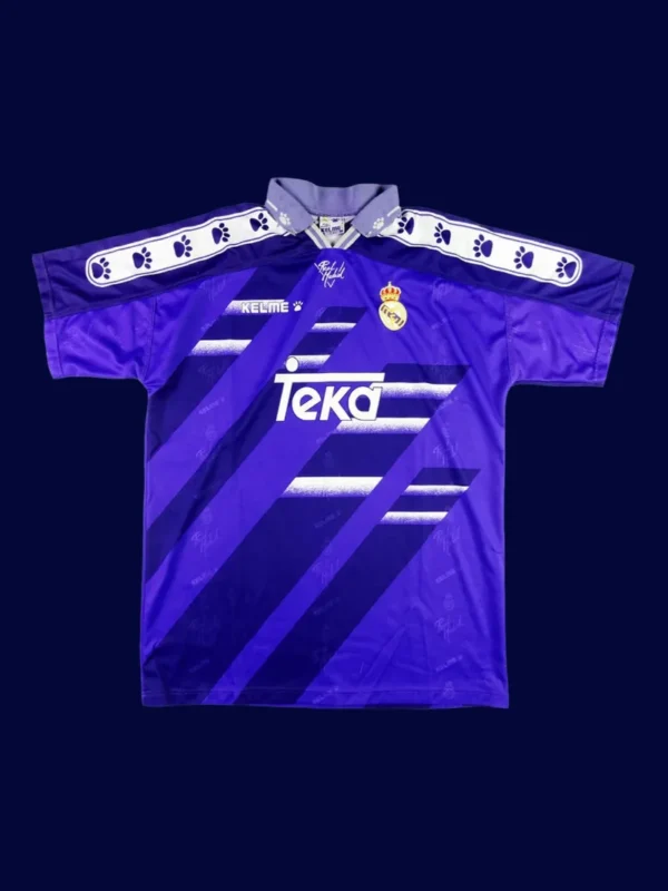 front view of blue away retro football jersey (94/96) with vintage stripes and relaxed fit.