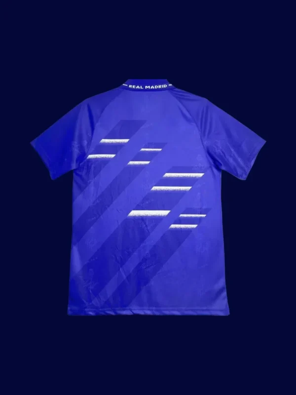 back view of blue away retro football jersey (94/96) showing roomy back and stitched number panel.
