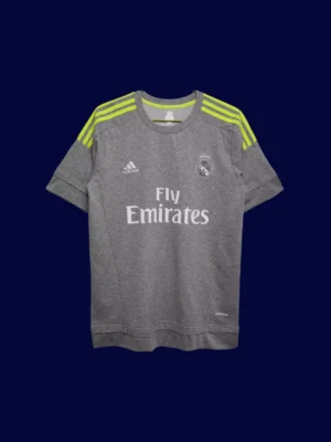 front view of grey away retro football jersey (15/16) with subtle pattern and classic cut.