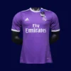 front view of purple away retro football jersey (16/17) with player cut and V-neck detail.