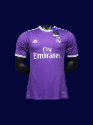 front view of purple away retro football jersey (16/17) with player cut and V-neck detail.