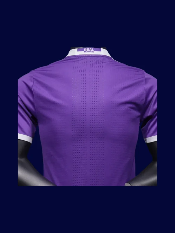 back view of purple away retro football jersey (16/17) showing reinforced number area and slim taper.