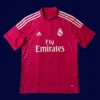 front view of red away retro football jersey (14/15) with classic trim and tailored fit.