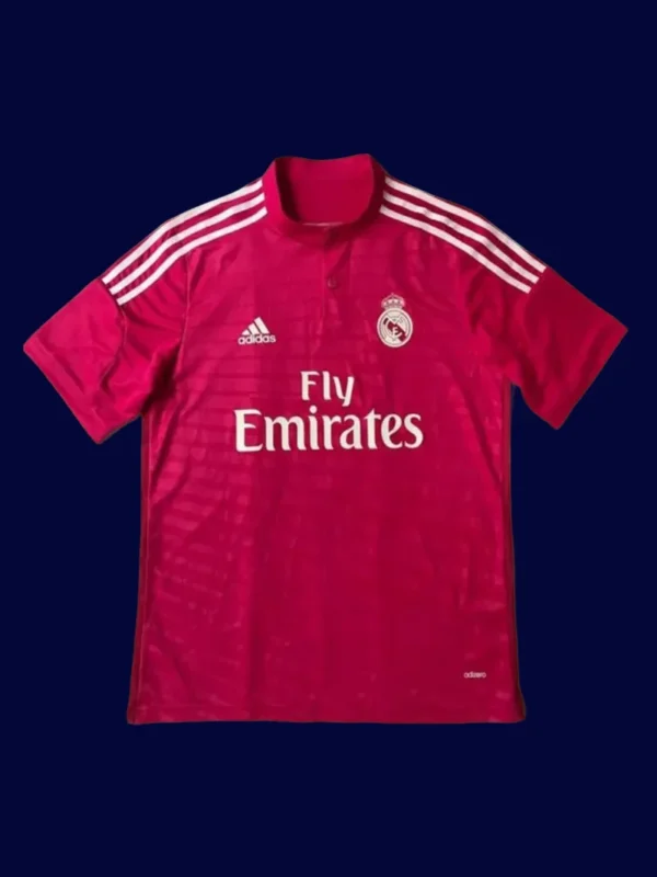 front view of red away retro football jersey (14/15) with classic trim and tailored fit.