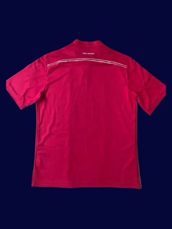 back view of red away retro football jersey (14/15) showing reinforced back panel and number area.