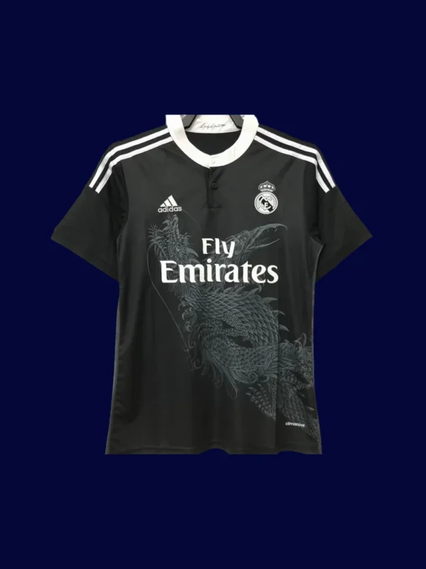 front view of black dragon themed retro football jersey (14/15) with embossed pattern.