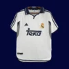 front view of white retro football jersey (00/01) with classic collar and stitched crest area, lightweight fabric.
