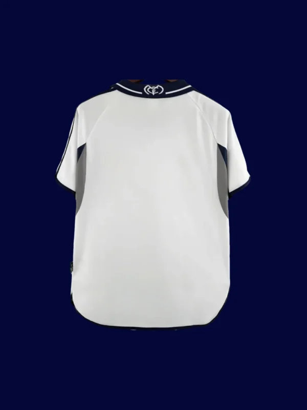 back view of white retro football jersey (00/01) showing stitched back panel and slim fit tail.