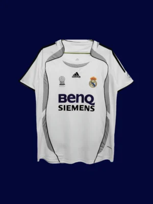front view of white home retro football jersey (06/07) with vintage crest placement and classic cuffs.