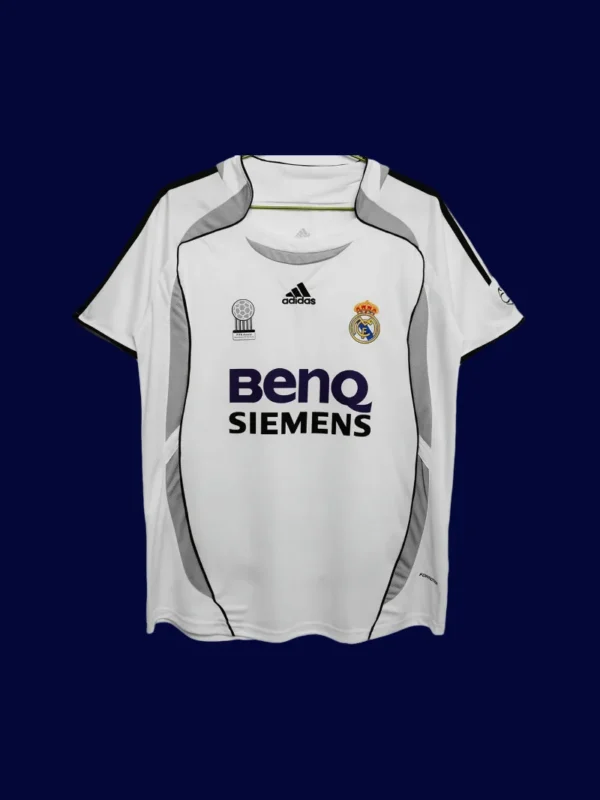 front view of white home retro football jersey (06/07) with vintage crest placement and classic cuffs.