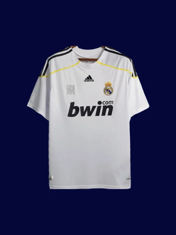 front view of white home retro football jersey (09/10) with retro striping and V-neck.