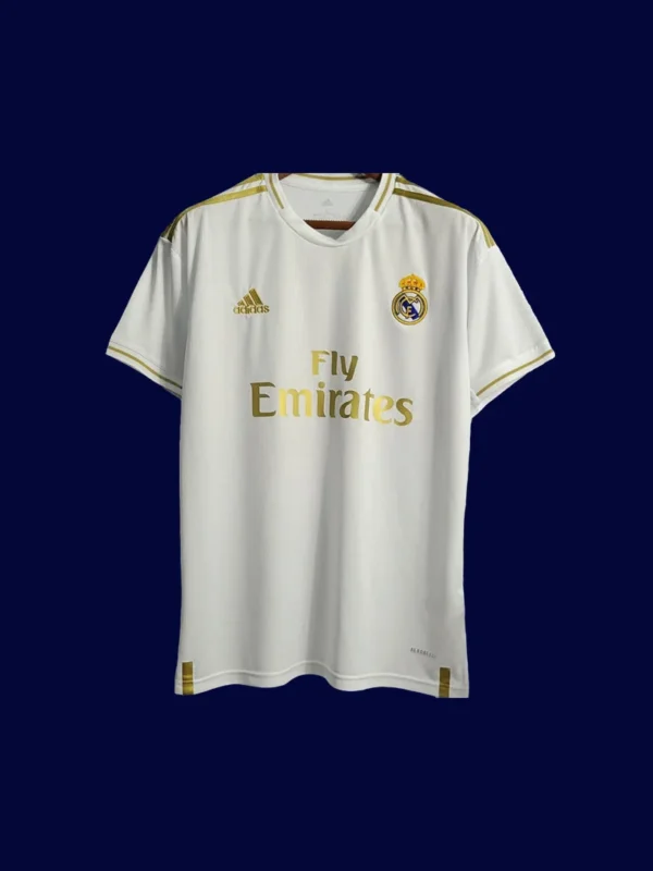 front view of white home retro football jersey (19/20) with classic collar and subtle detailing.