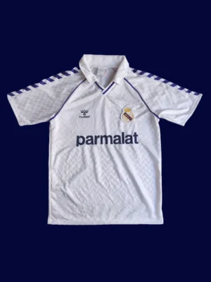 front view of white retro football jersey (87/89) with retro piping and classic stripes.