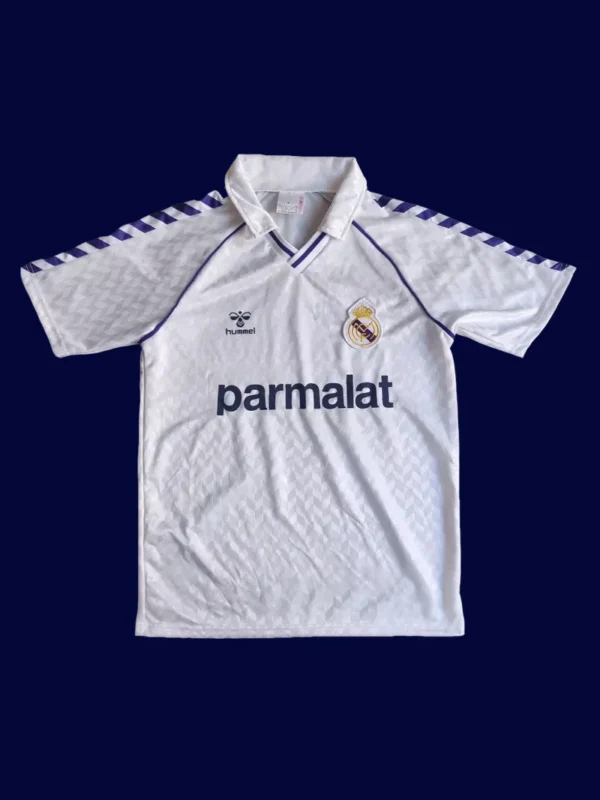 front view of white retro football jersey (87/89) with retro piping and classic stripes.