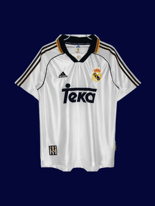 front view of white home retro football jersey (99/00) with classic piping and crew neck.