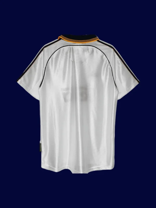 back view of white home retro football jersey (99/00) showing reinforced back seam and number area.