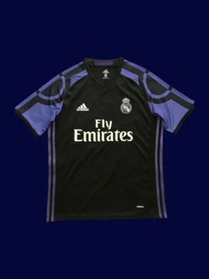 front view of black third retro football jersey (16/17) with minimalist accents and crew neck.