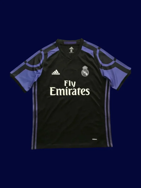 front view of black third retro football jersey (16/17) with minimalist accents and crew neck.
