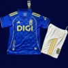 Real Oviedo Home Kids Kits 25/26 front with mini crest and child-friendly fit.