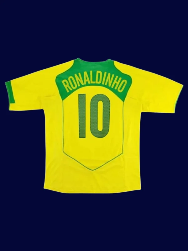Ronaldinho Brazil home yellow retro jersey back 2004 with #10, high-quality breathable design.