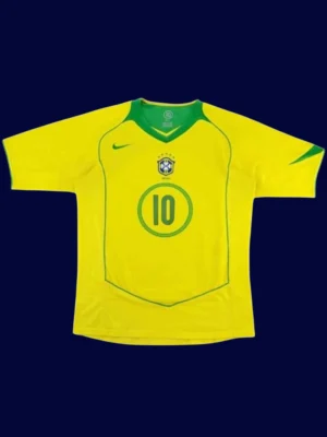 Ronaldinho Brazil home yellow retro jersey front 2004, high-quality breathable fan gear.