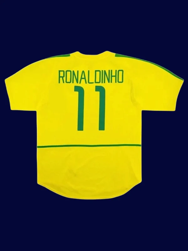 Ronaldinho Brazil home retro jersey back World Cup 2002 with #11, high-quality breathable design.