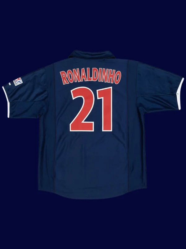 Ronaldinho PSG home retro jersey back 01/02 with #21, high-quality breathable design.