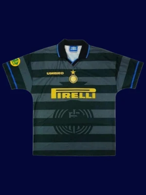 Ronaldo Inter Milan away retro jersey front 97/98 UEFA Cup, high-quality breathable fan gear.