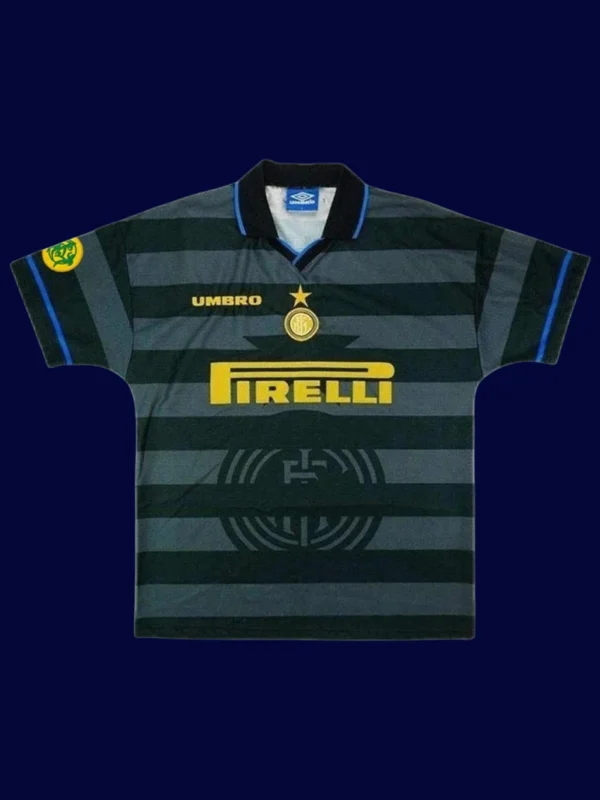 Ronaldo Inter Milan away retro jersey front 97/98 UEFA Cup, high-quality breathable fan gear.