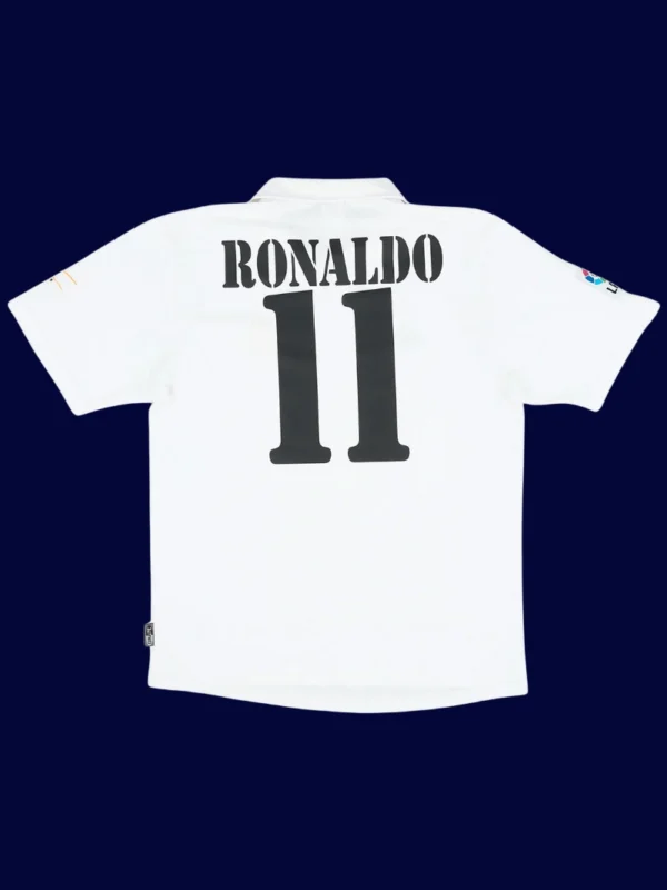 Ronaldo Real Madrid centenary home retro jersey back 02/03 with #11, high-quality breathable design.