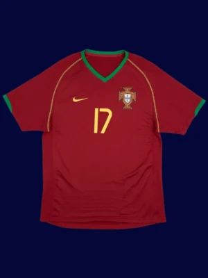 Ronaldo home retro red jersey front, premium breathable design.