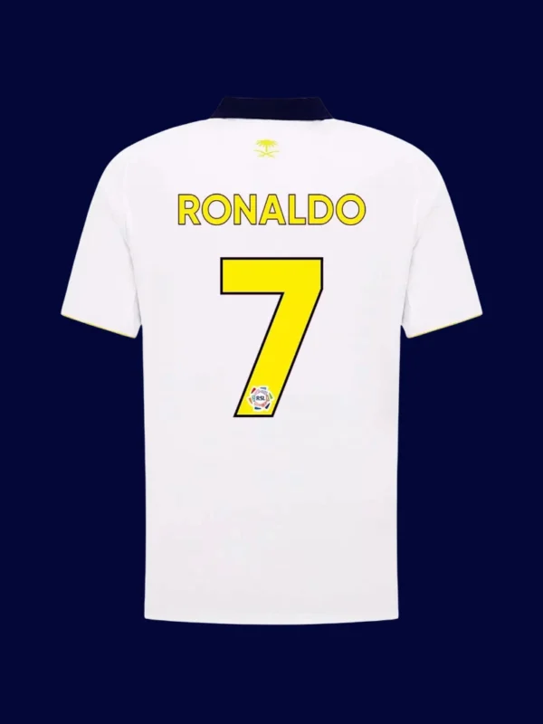 Al Nassr third white jersey back with #7, Ronaldo iconic design, high‑quality breathable.