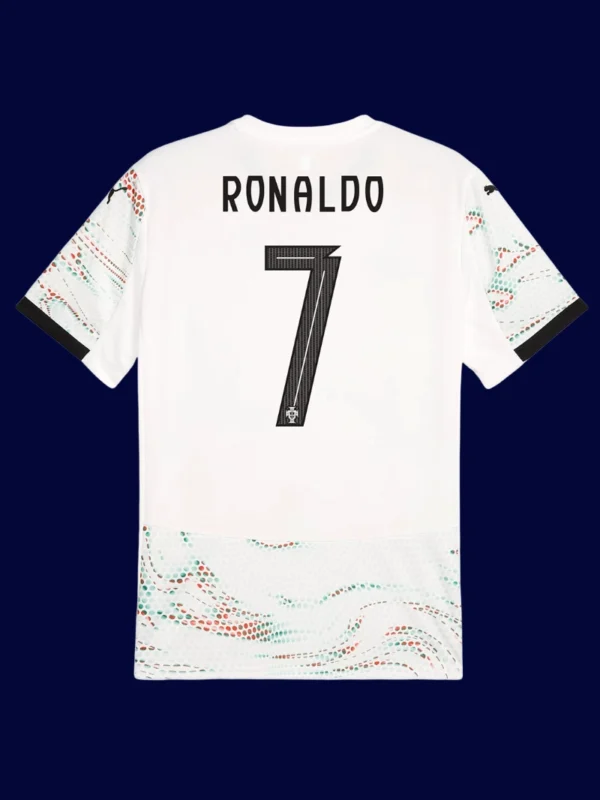 Ronaldo away white jersey back with #7, lightweight breathable football gear.
