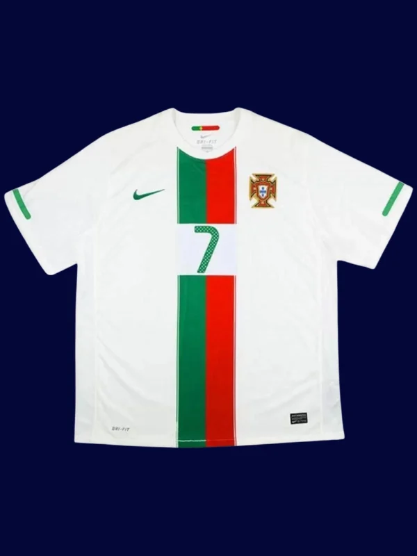 Portugal away white retro jersey front, Ronaldo iconic classic breathable fabric with custom #7 for fans.