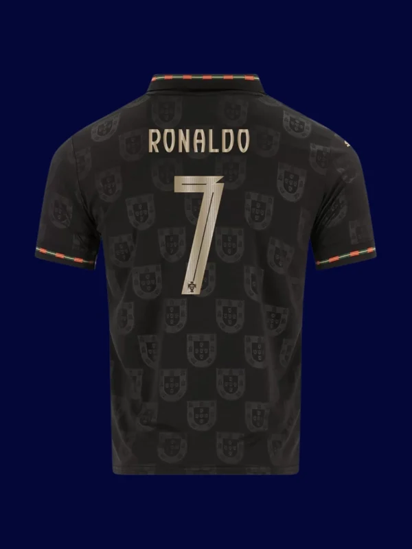 Ronaldo Black Panther kit back with #7, lightweight breathable and striking.