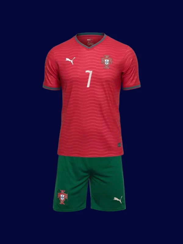 Ronaldo kids home jersey front, breathable high‑quality fan gear.