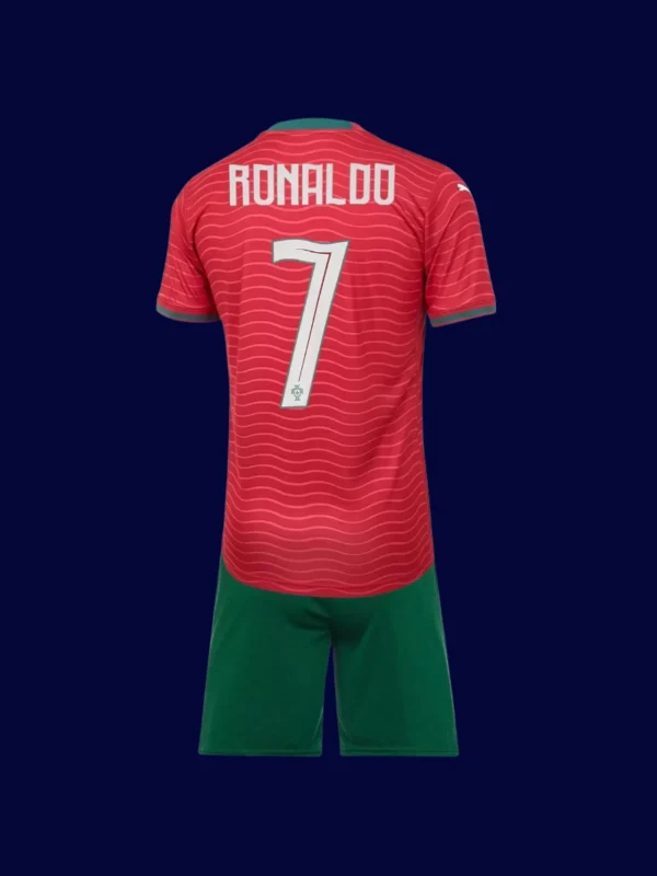 Ronaldo kids home jersey back, #7 in bold, premium breathable design for young fans.