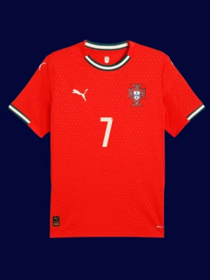 Ronaldo red home jersey front, breathable high‑quality football gear.