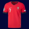 Ronaldo home red player jersey front, breathable performance design.