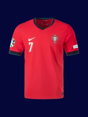 Ronaldo home red player jersey front, breathable performance design.